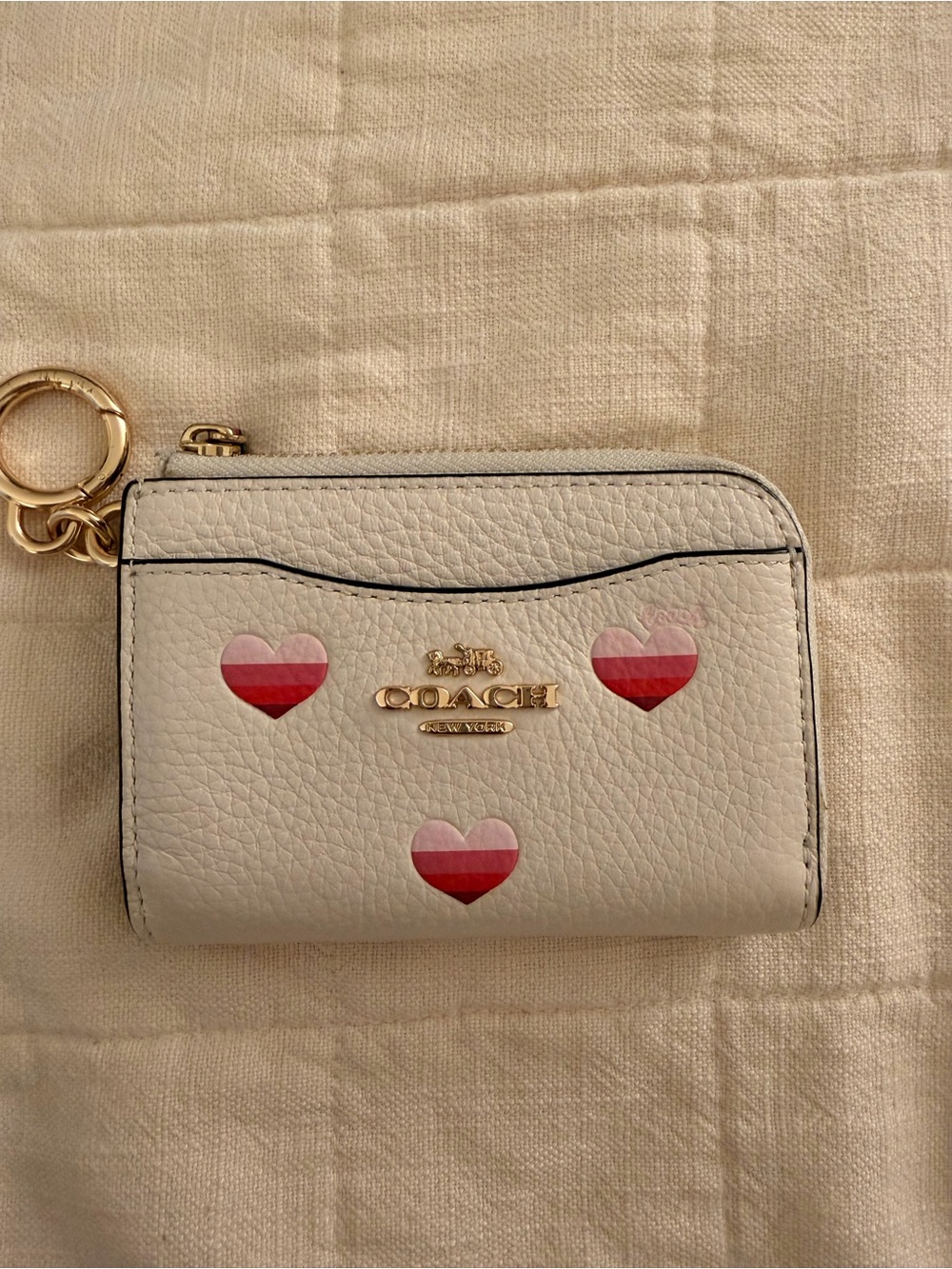 Coach White Pebbled Leather Zip Card Case with Pink and Red Hearts
